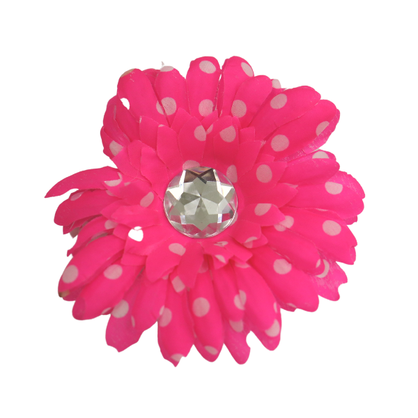 4" Hot Pink Polka Dot Artificial Silk Daisy  Mum With Rhinestone - 8 layer | 1 Count