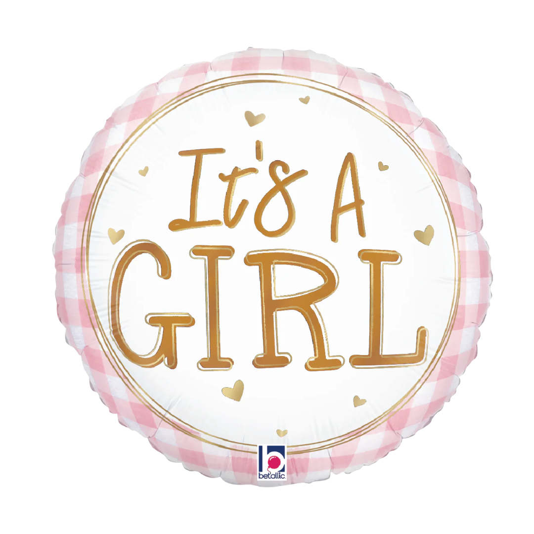 9" Betallic Baby Girl Pink Gingham Foil Air-Fill Balloon | Buy 5 or More Get 20% Off