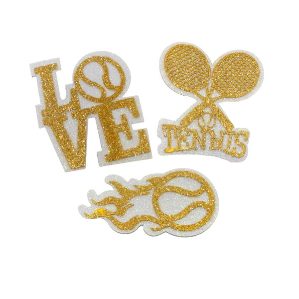 3.5" Gold/White Glitter Foam Love Tennis Emblem | 3 Count