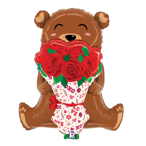 25" Rose Bouquet Bear Foil Balloon (P9) | I Can Float Or Sit!