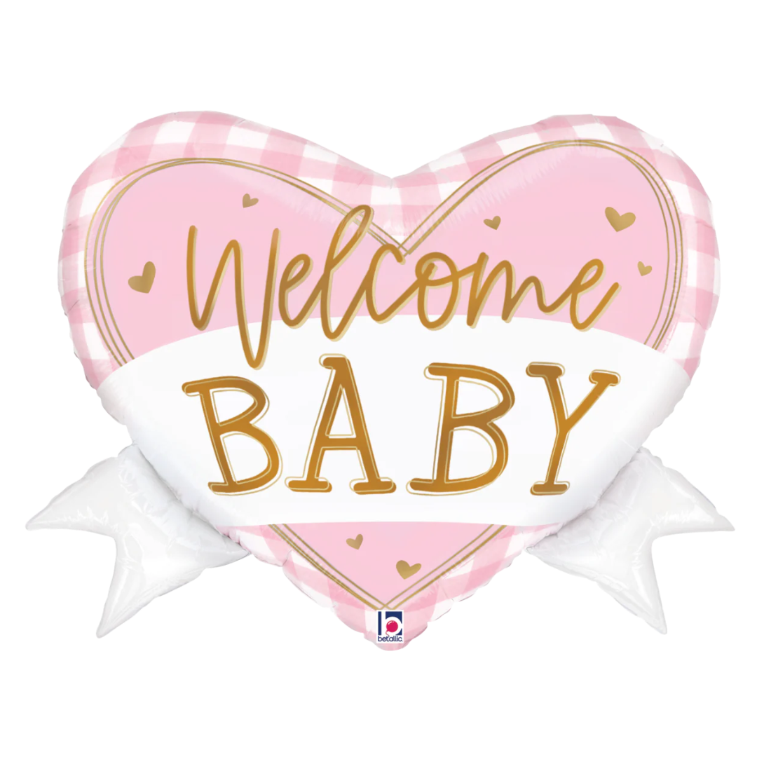 28" Betallic Pink Gingham Baby Heart Foil Balloon