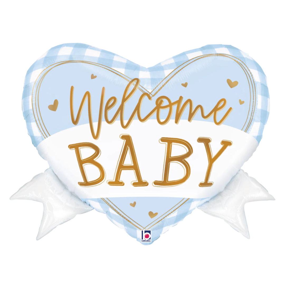 28" Betallic Blue Gingham Baby Heart Foil Balloon
