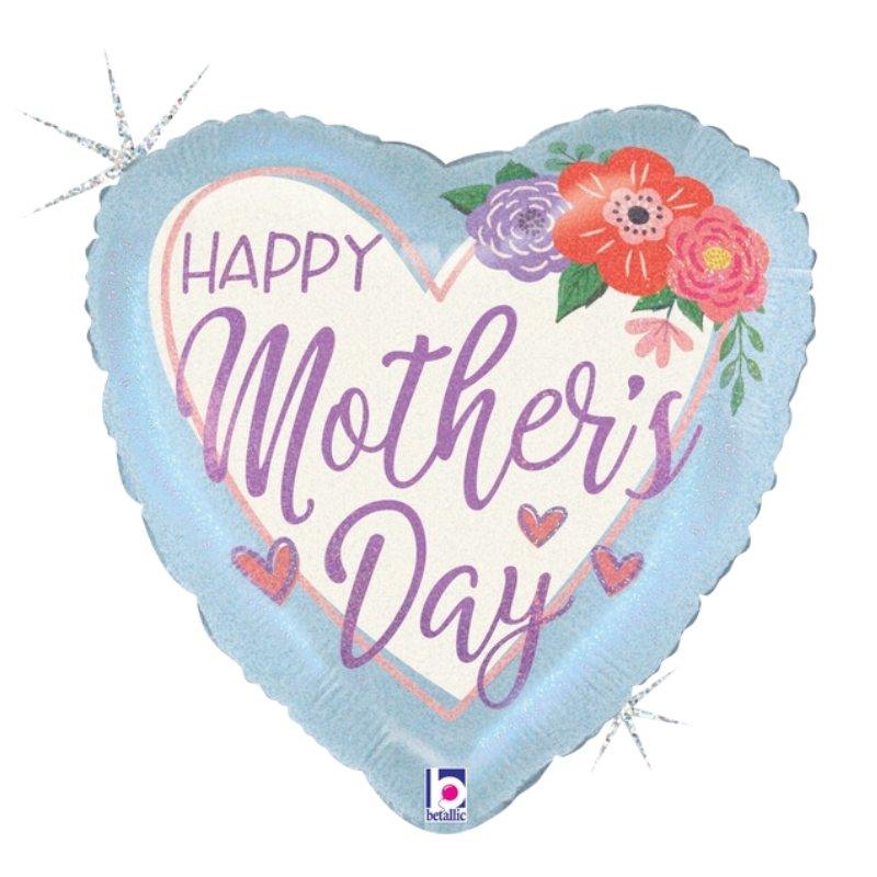 18" Betallic Blue Mother's Day Floral Holographic Foil Heart Balloon (S1R1)| Buy 5 Or More Save 20%