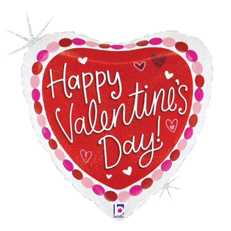 18" Betallic Pom Pom Valentine Holographic Heart Foil Balloon (S1R3) | Buy 5 Or More Save 20%