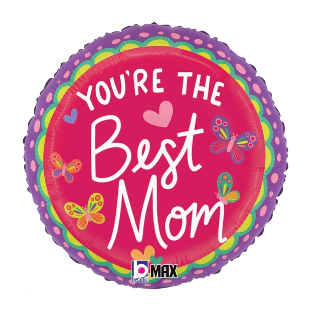 18" Betallic Best Mom Butterfly Foil Heart Balloon (S1R2) | Buy 5 Or More Save 20%