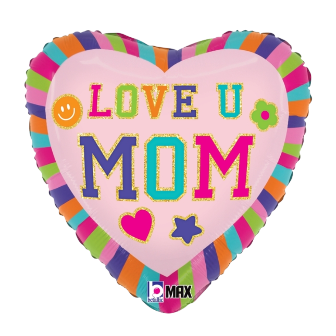 18" Betallic Love You Mom Patches Foil Heart Balloon (S2R1) | Buy 5 Or More Save 20%