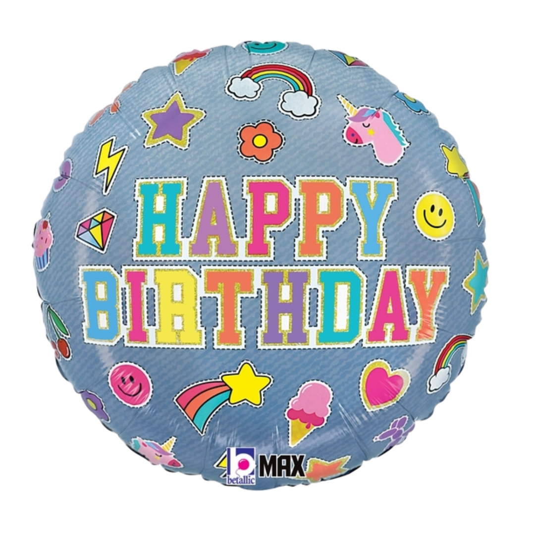 18" Betallic Birthday Denim Patches Foil Balloon - 2 Sided | Buy 5 Or More Save 20%