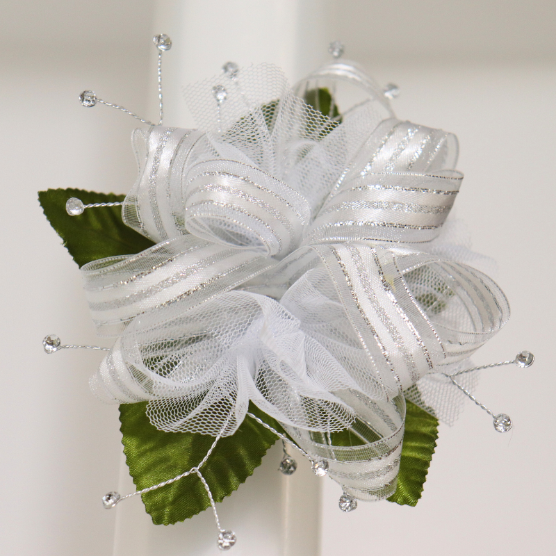Pre-Made White/Silver Striped Ribbon Gemstone Wristlet Corsage Kit | 1 Count - Just Add Flowers!
