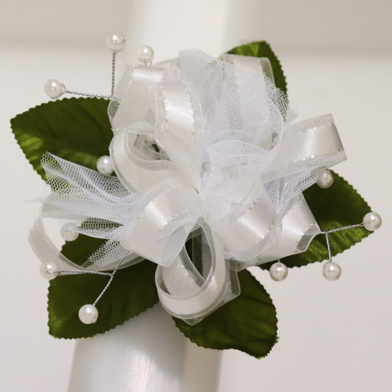 Pre-Made White Ribbon W/ Tulle Pearl Wristlet Corsage Kit | 1 Count - Just Add Flowers!