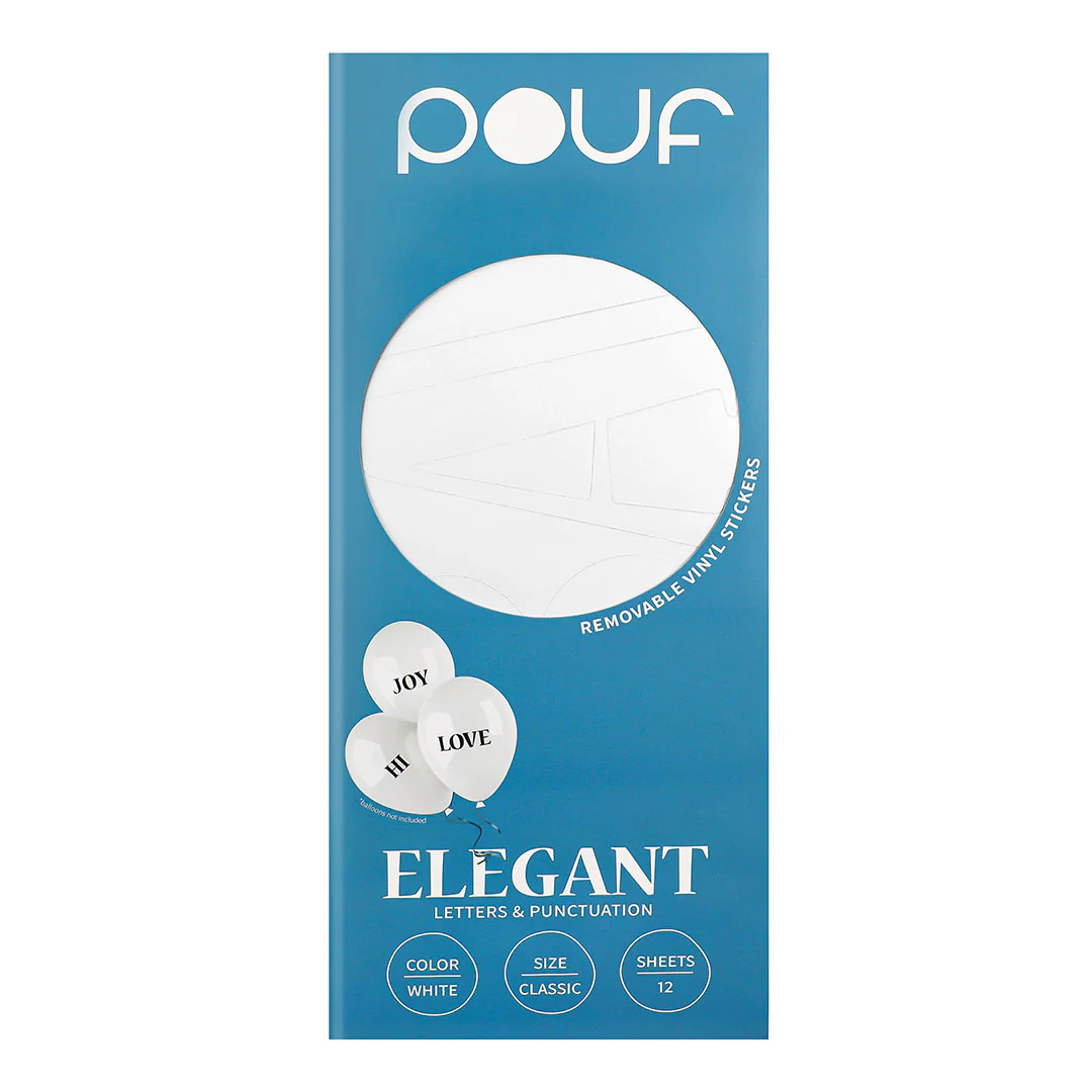 Pouf White ELEGANT Letters Removable Adhesive Vinyl Stickers | 12 Sheets