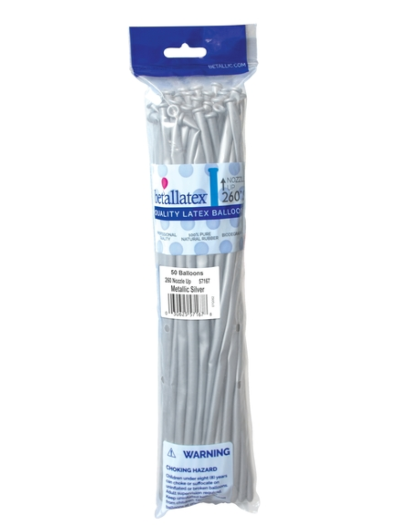 260s Sempertex Nozzles Up Metallic Pearlized Silver Twisting - Entertainer Latex Balloons | 50 Count