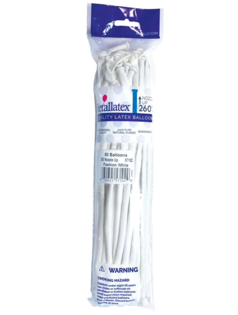260s Sempertex Nozzles Up Fashion White Twisting - Entertainer Latex Balloons | 50 Count