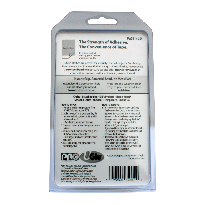 Rouleau de 200 carrés adhésifs Pro Tapes UGlu 650 Dashes - 1/2 pouce x 5/8 pouce | Sans dégâts