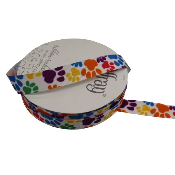 5/8" Paw Primary Printed Grosgrain Ribbon - 5/8" Wide x 100 Yards Long | 1 Spool