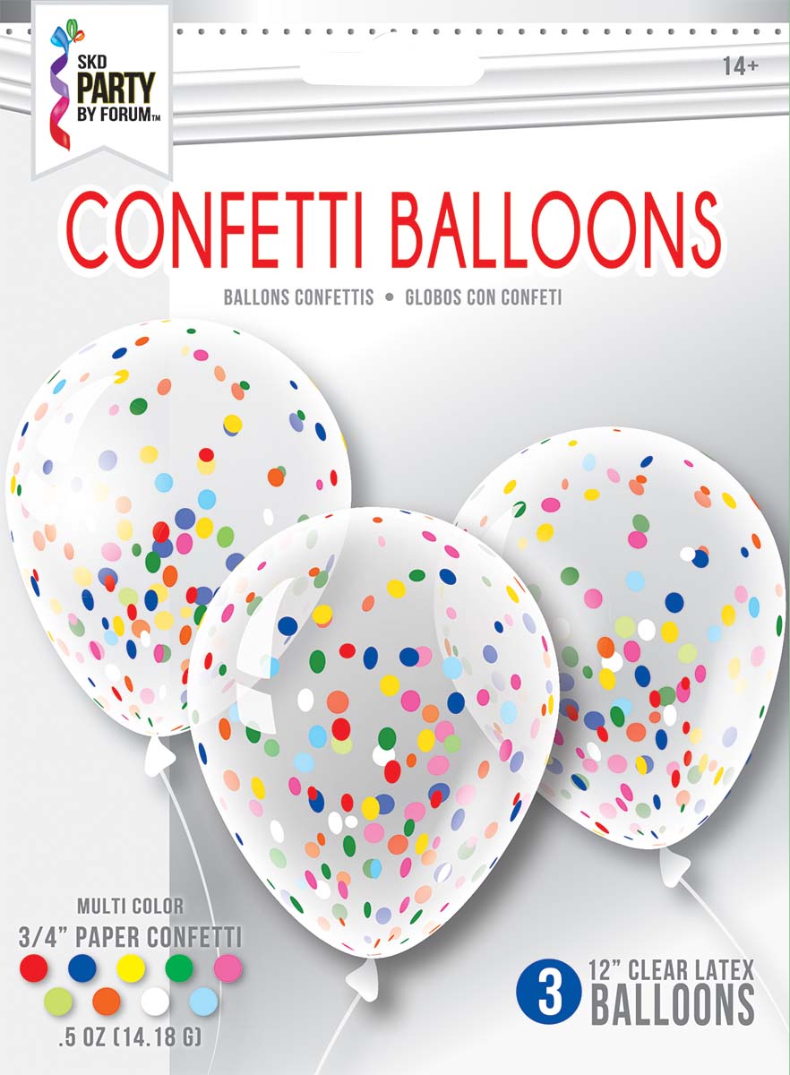 12" Pre-Loaded Clear Multi-Color Confetti Filled Latex Balloons | 3 Count