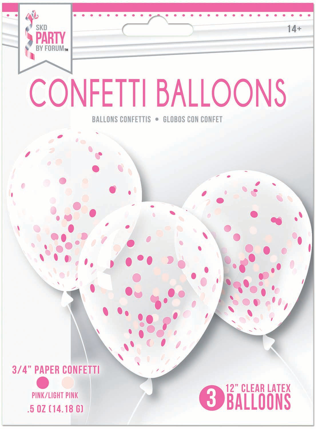 12" Pre-Loaded Clear Pink Confetti Filled Latex Balloons | 3 Count