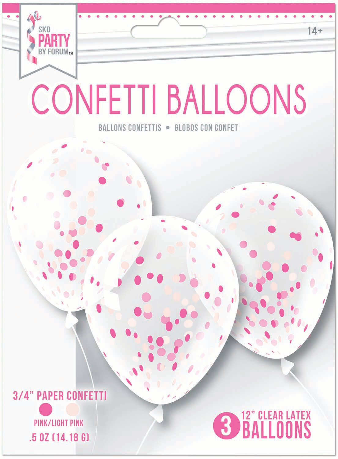 12" Pre-Loaded Clear Pink Confetti Filled Latex Balloons | 3 Count