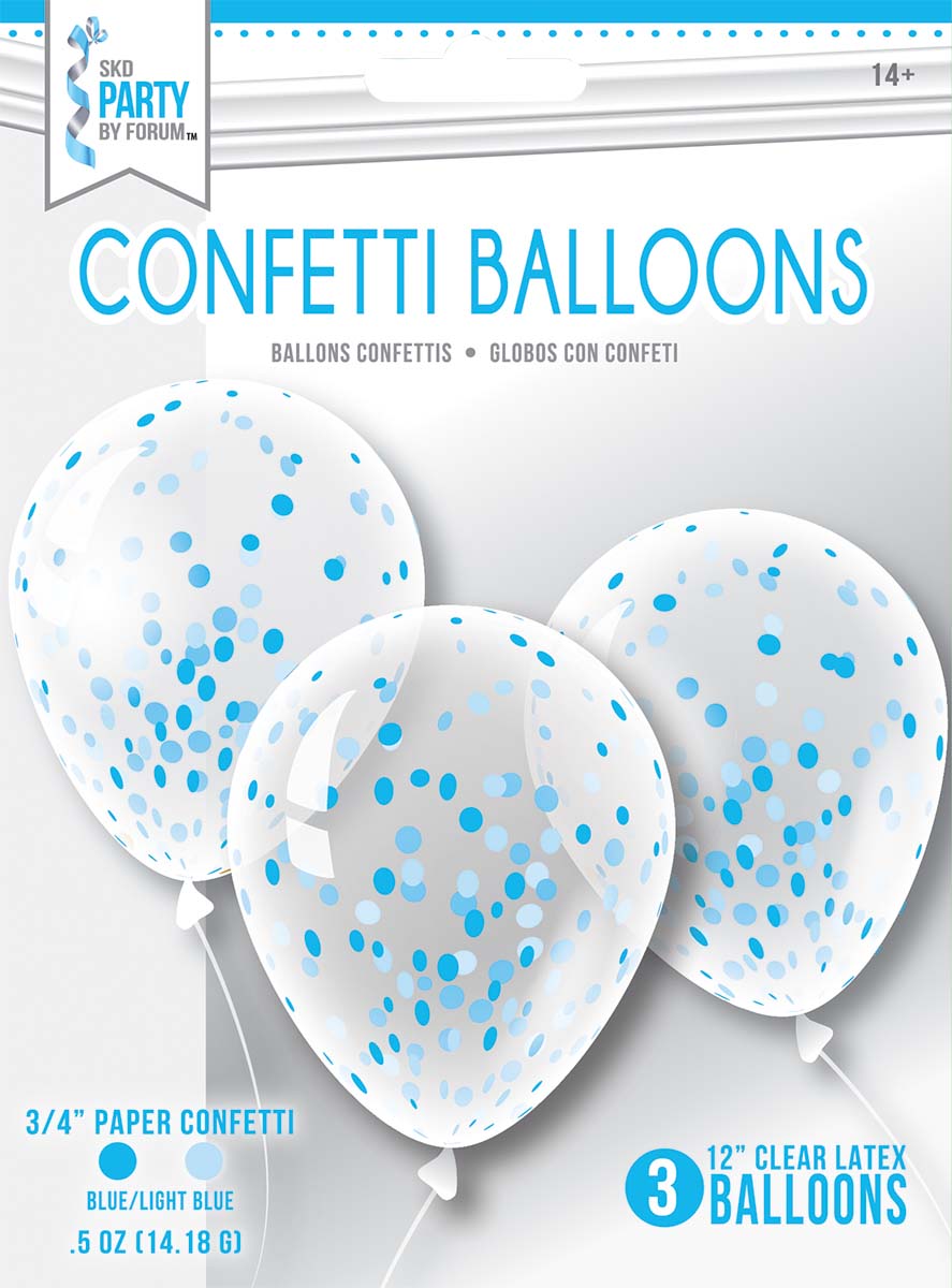 12" Pre-Loaded Clear Blue Confetti Filled Latex Balloons | 3 Count