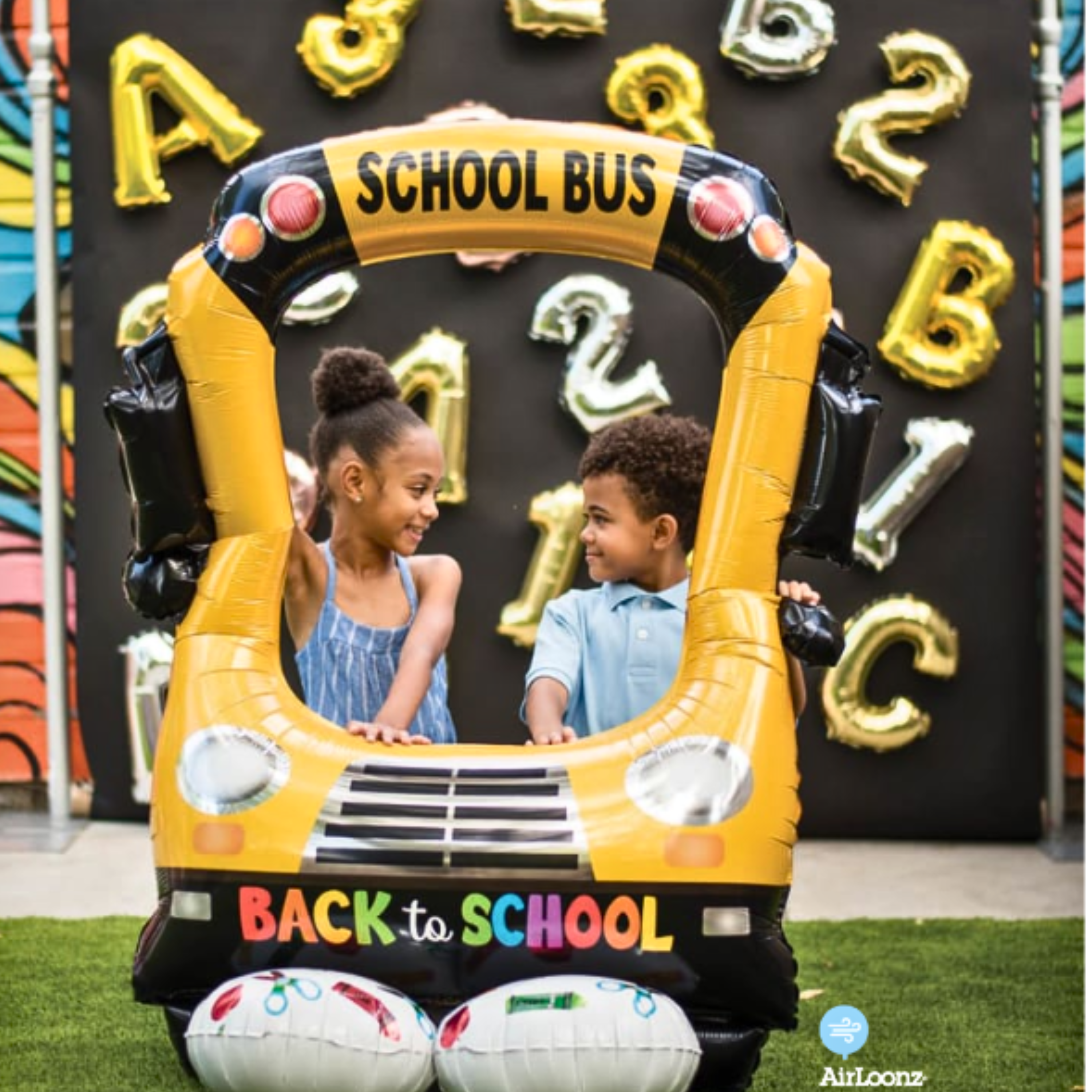 56" Anagram Selfie School Bus Frame Foil Airloonz Balloon (S1R4) | Stands Over 4 Feet Tall - No Helium Required!