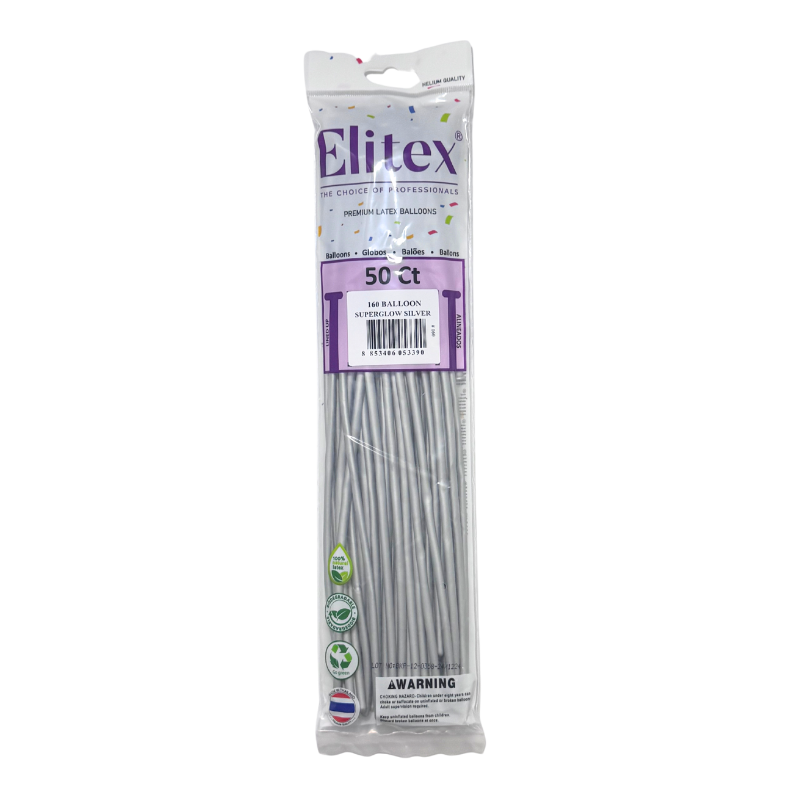 160 Elitex Nozzle Up Silver SuperGlow Modeling - Twisting Balloons | 50 Count