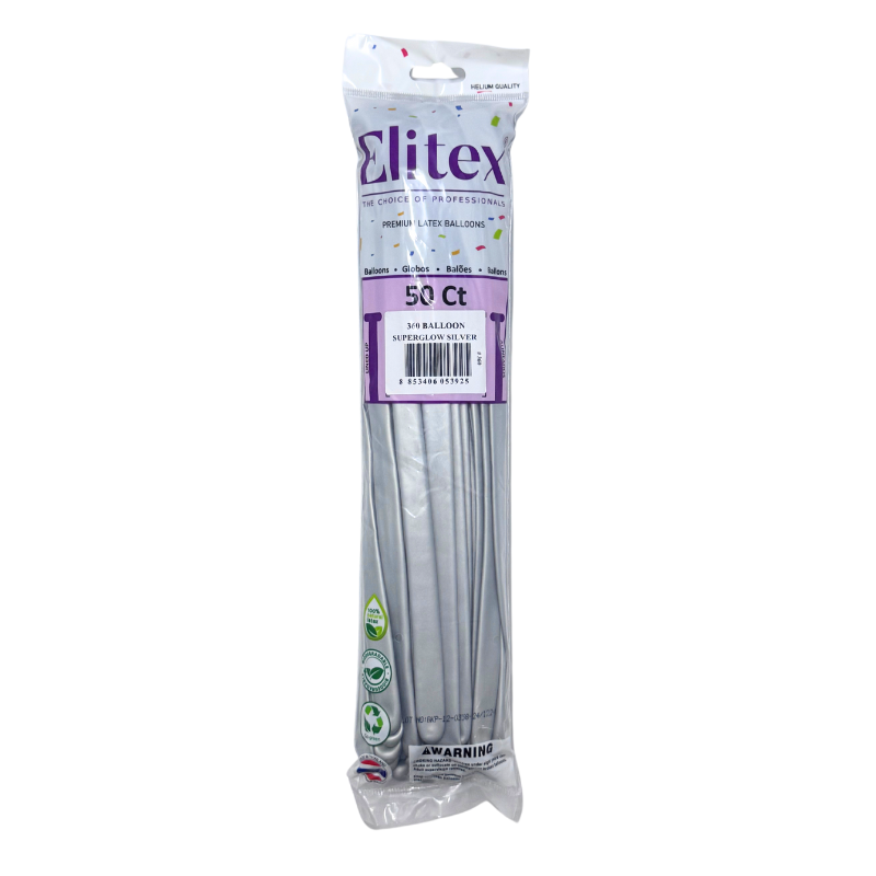 360 Elitex Nozzle Up Silver SuperGlow Modeling - Twisting Balloons | 50 Count
