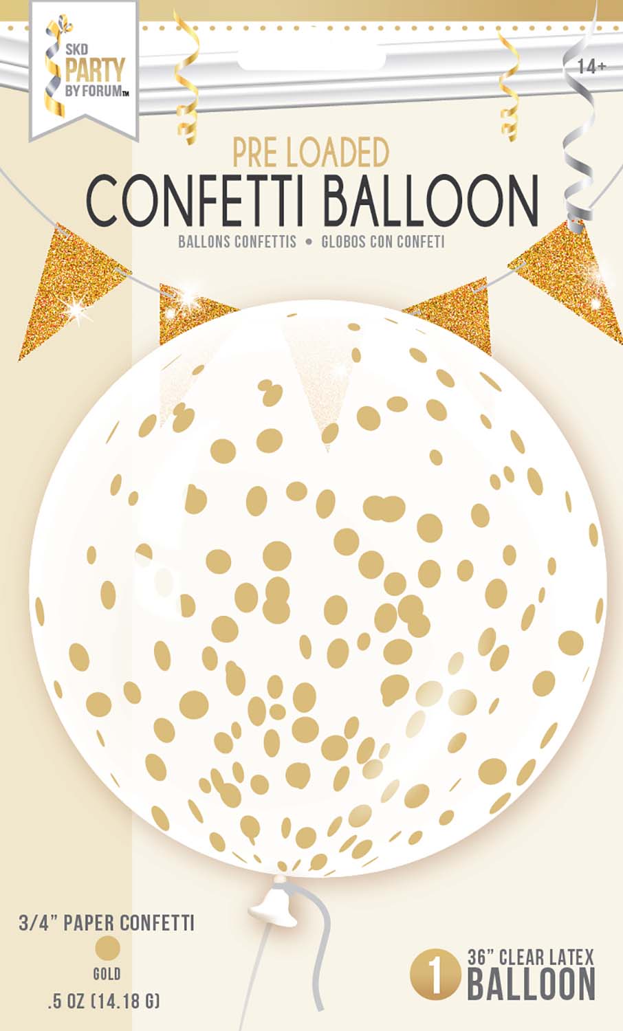 36" Pre-Loaded Clear Gold Confetti Latex Balloon | 1 count