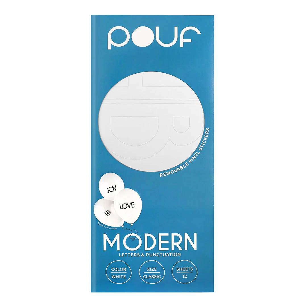 Pouf White MODERN Letters Removable Adhesive Vinyl Stickers | 12 Sheets