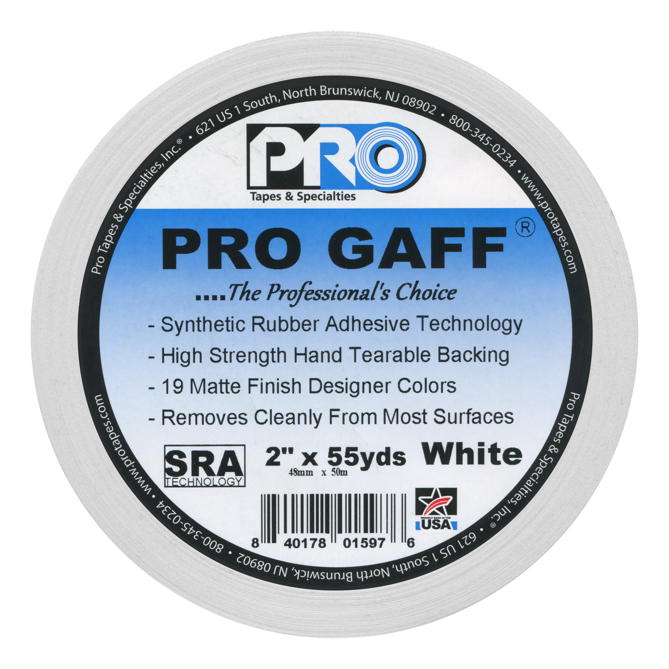 White Pro Gaff® - Gaffer Tape - 2" Wide x 55 Yards Long | 1 Roll - Professional Adhesive Tape