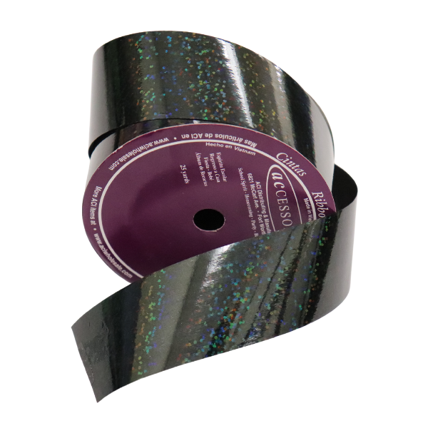 #9 ACI Black Holographic Glitter Ribbon - 1 5/16" Wide, 25 Yards Long | 1 Spool