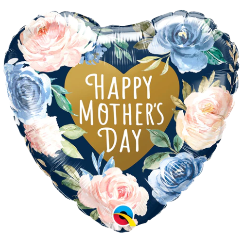 18" Happy Mother's Day Pink & Blue Roses Foil Heart Balloon (P8) | Buy 5 Or More Save 20%