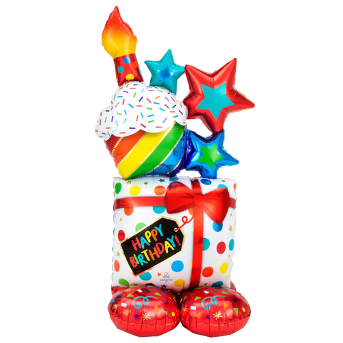 55" Stacked Birthday Icons Airloonz Foil Balloon | Stands Over 4 Feet Tall - No Helium Required!