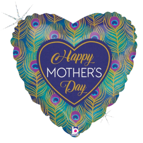 18" Glitter Peacock Mother's Day Heart  Holographic Foil Balloon (WSL) | Clearance - While Supplies Last