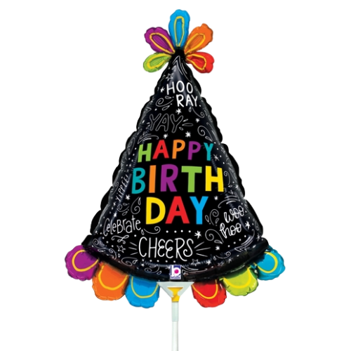 14" Betallic Birthday Hat Doodles Foil Airfill Balloon | Buy 5 or More Save 20%