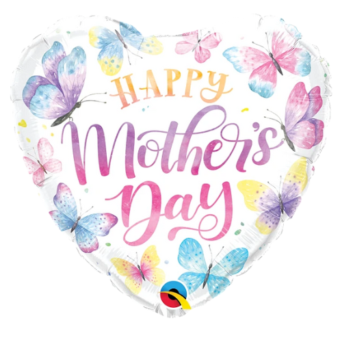 18" Happy Mother's Day Watercolor Butterflies Foil Heart Balloon (P8) | Buy 5 Or More Save 20%
