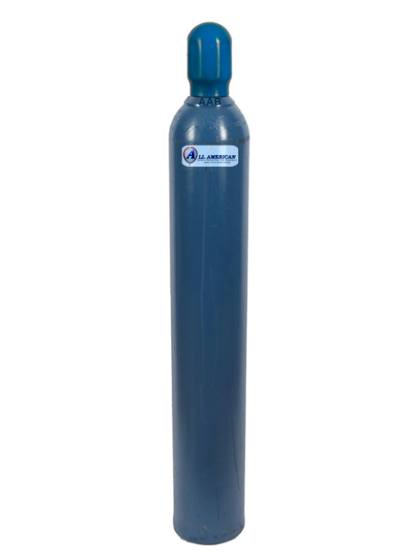 A professional grade blue helium tank with a white label on it.