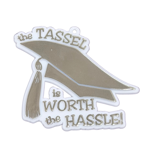 3" ACI White/Silver Tassel Worth the Hassle Plastic Charm | 2 Count