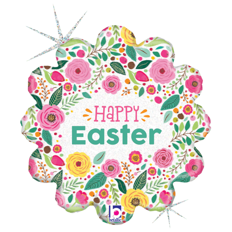 Globo de lámina holográfica de Pascua con flores de primavera de 18" (P25) | Compre 5 o más y ahorre un 20 %