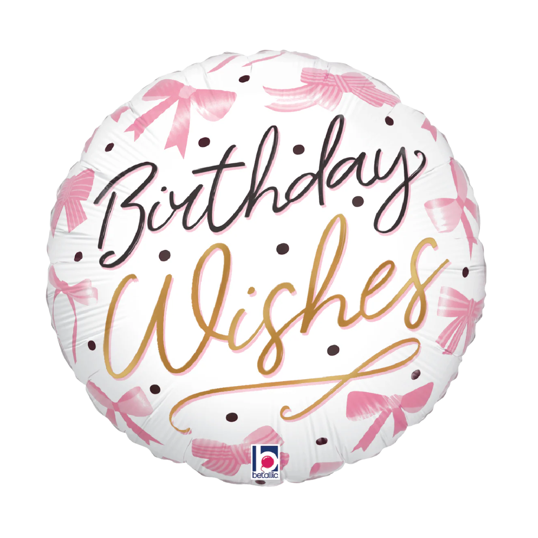 18" Betallic Pink Bow Birthday Wishes Foil Balloon | Buy 5 Or More Save 20%