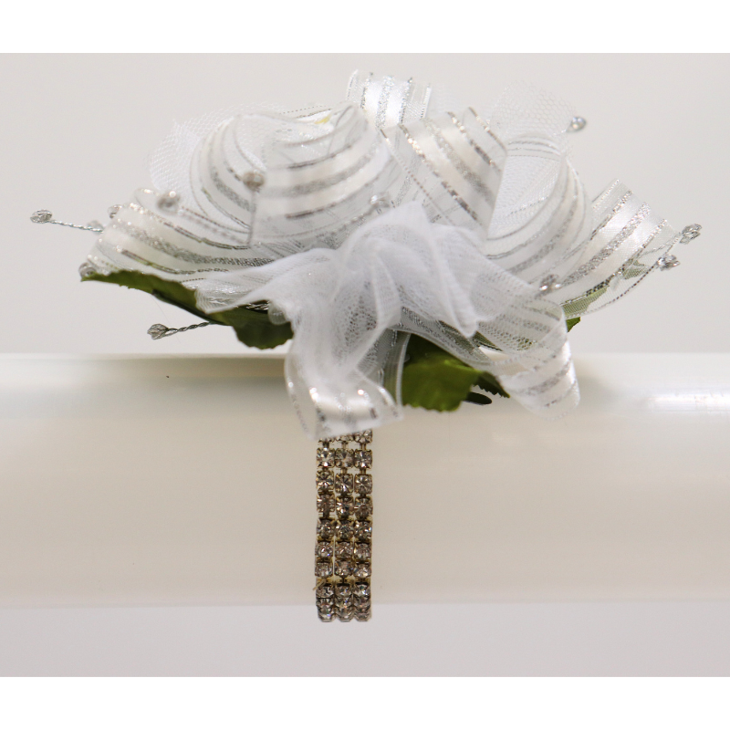Pre-Made White/Silver Striped Ribbon Gemstone Wristlet Corsage Kit | 1 Count - Just Add Flowers!