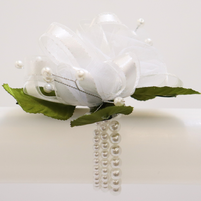 Pre-Made White Ribbon W/ Tulle Pearl Wristlet Corsage Kit | 1 Count - Just Add Flowers!