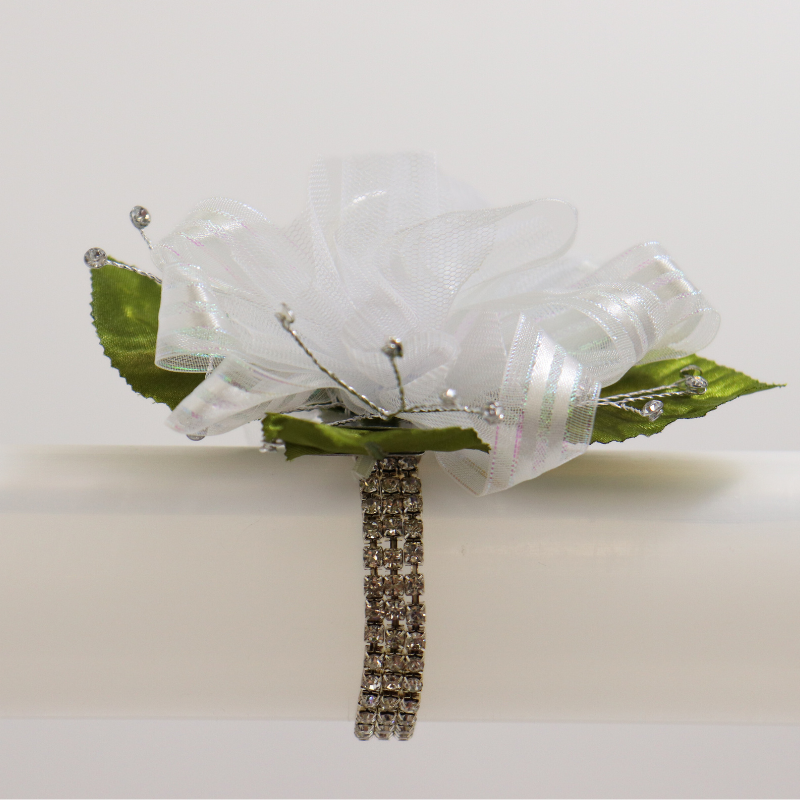 Pre-Made White/Iridescent Striped Ribbon Gemstone Wristlet Corsage Kit | 1 Count - Just Add Flowers!