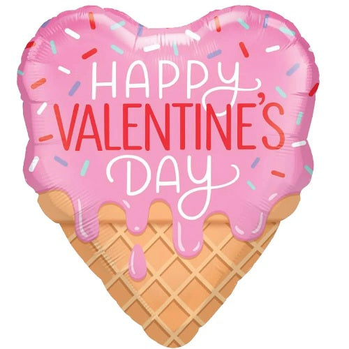 21" Qualatex Happy Valentine's Day Ice Cream Cone Foil Balloon | Clearance - While Supplies Last!
