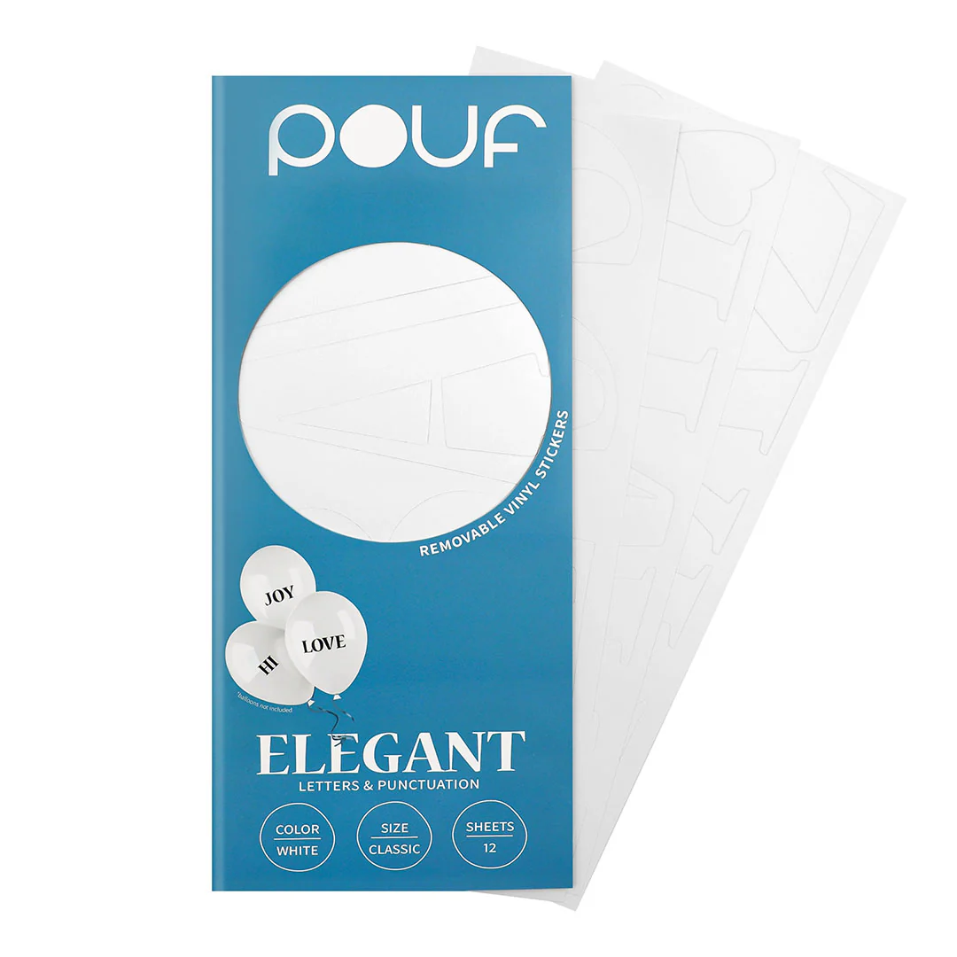Pouf White ELEGANT Letters Removable Adhesive Vinyl Stickers | 12 Sheets