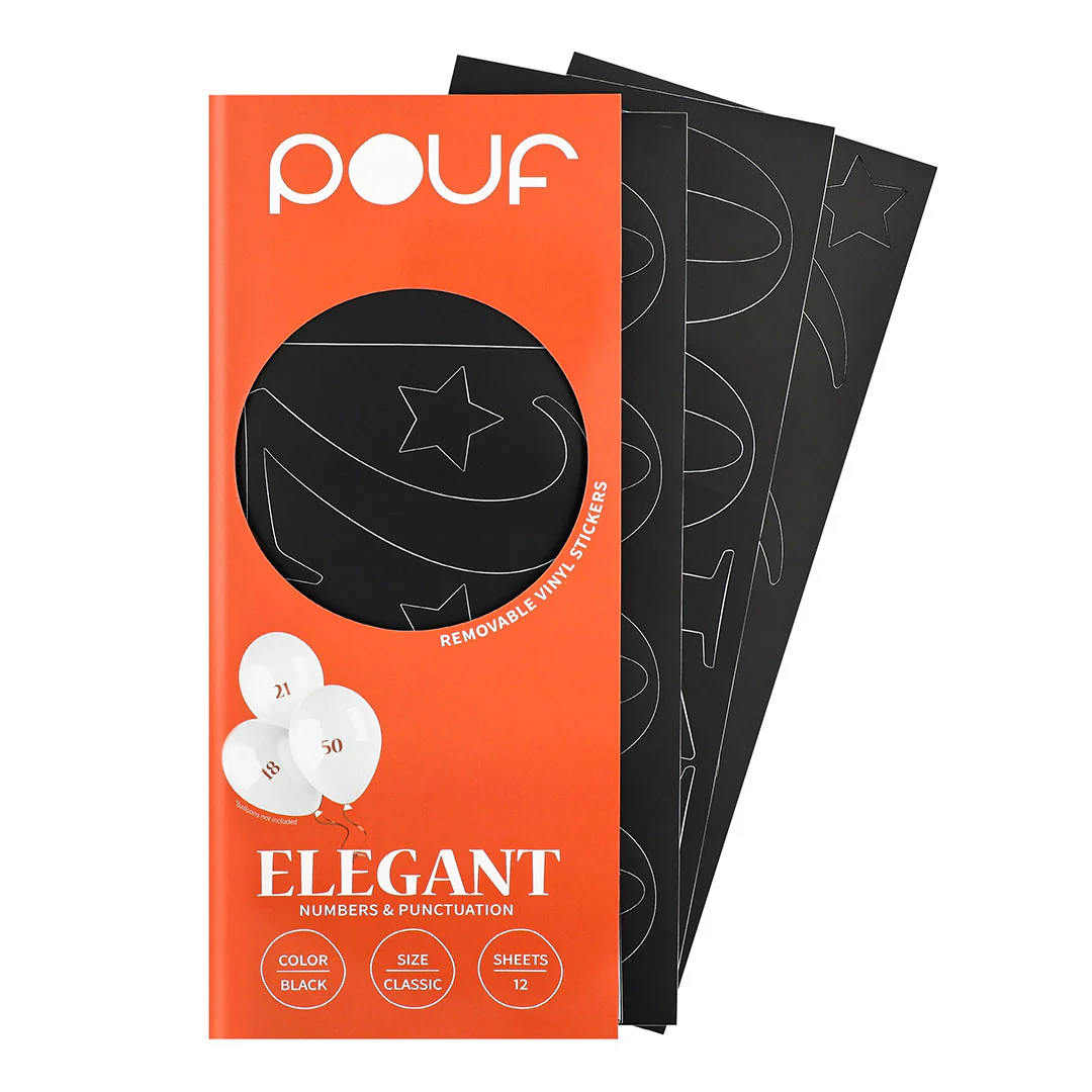 Pouf Black ELEGANT Numbers Removable Adhesive Vinyl Stickers | 12 Sheets