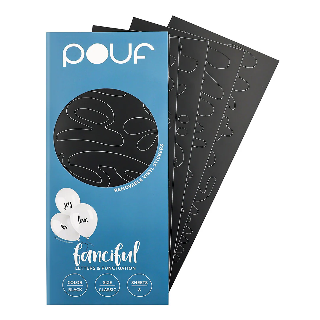 Pouf Black FANCIFUL Letters Removable Adhesive Vinyl Stickers | 8 Sheets