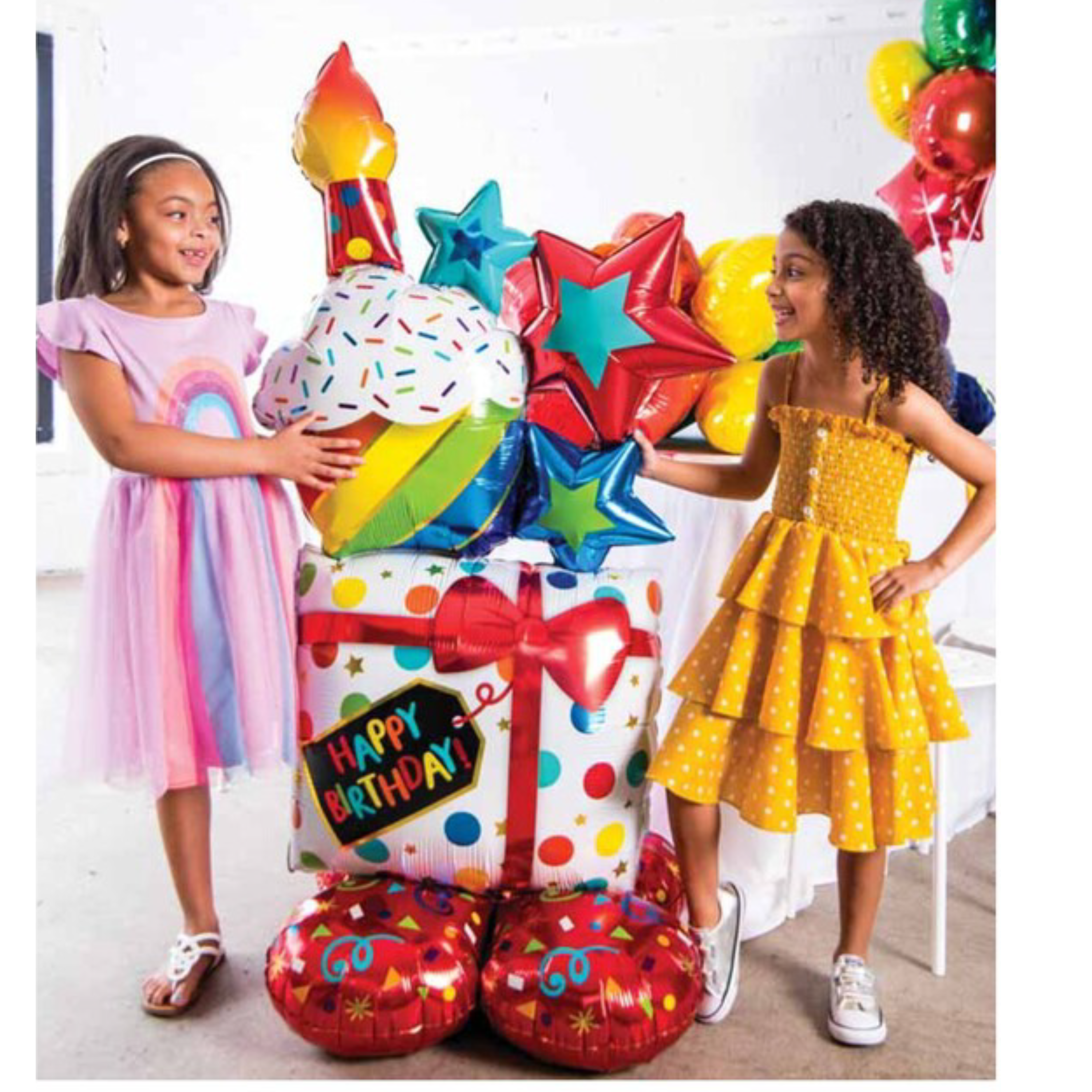 55" Stacked Birthday Icons Airloonz Foil Balloon | Stands Over 4 Feet Tall - No Helium Required!