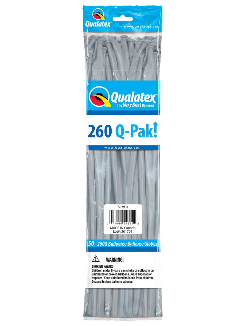 260 Q-Pak Qualatex Silver Twisting - Entertainer Latex Balloons | 50 Count