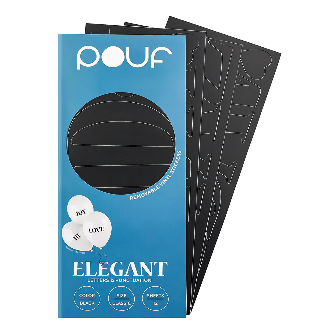Pouf Black ELEGANT Letters Removable Adhesive Vinyl Stickers | 12 Sheets