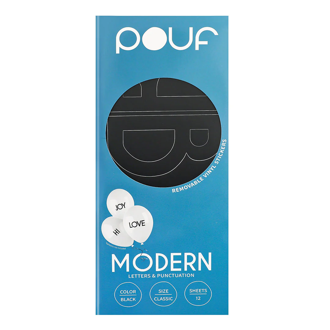 Pouf Black MODERN Letters Removable Adhesive Vinyl Stickers | 12 Sheets