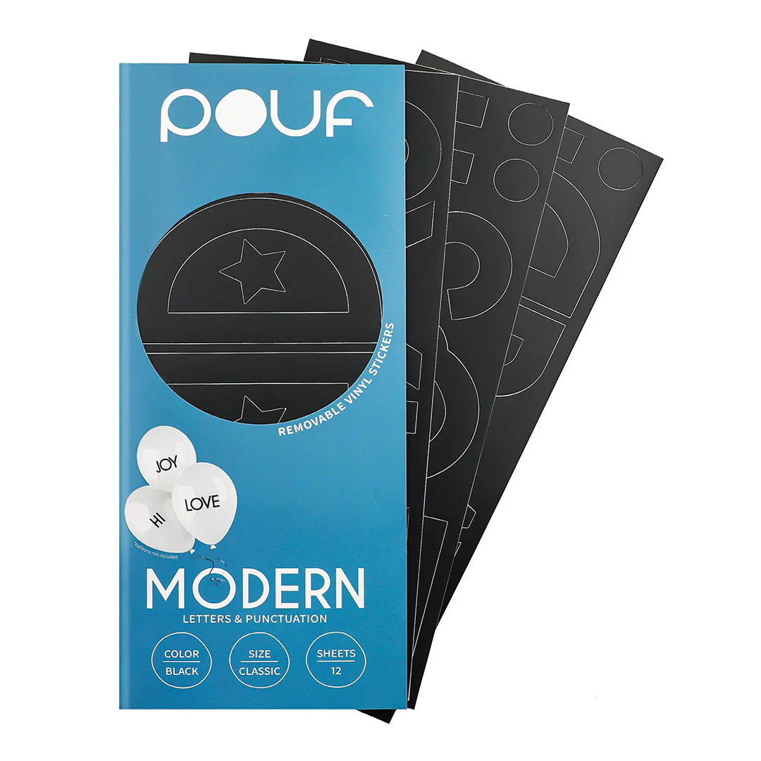 Pouf Black MODERN Letters Removable Adhesive Vinyl Stickers | 12 Sheets